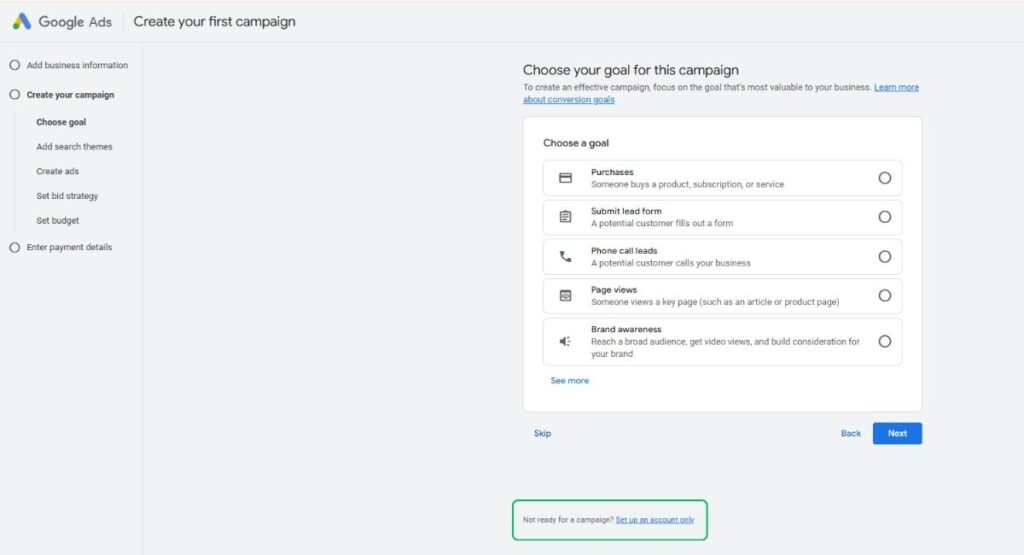 Tạo tài khoản Google Ads, chọn chế độ chuyên gia để không cần thanh toán