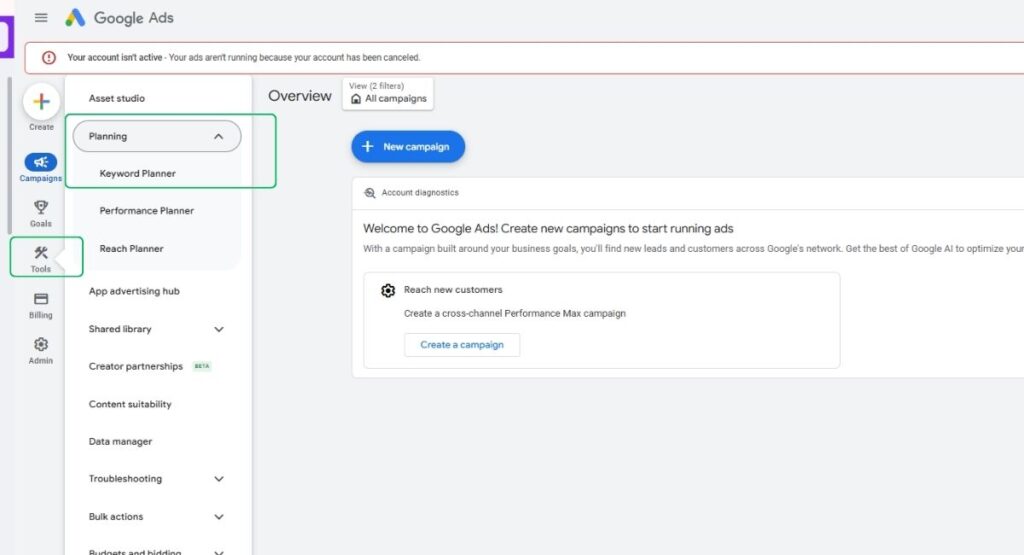 Tìm và truy cập công cụ Keyword Planner trong giao diện GG Ads ở phần Tool