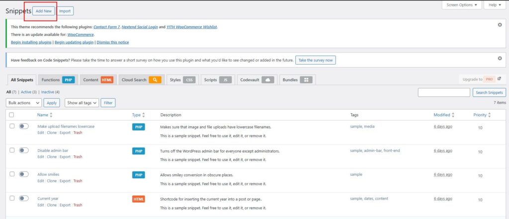Vào Plugin code snippet và nhấn Add New
