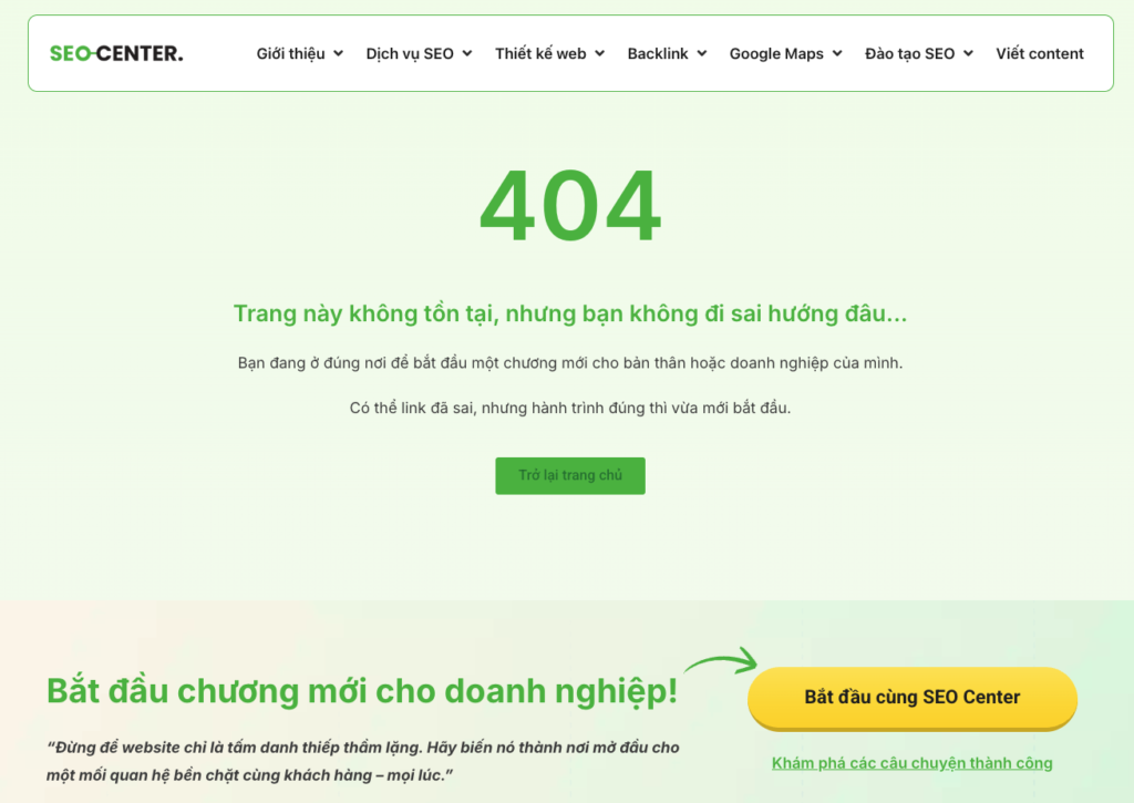 Ví dụ về trạng thái 404 trên website seocenter.vn