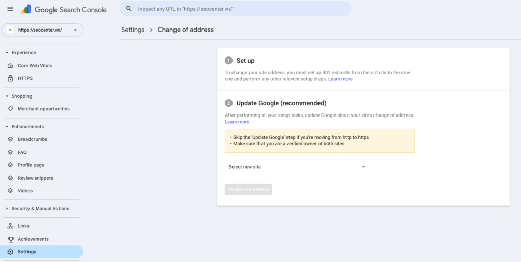 Bạn cần khai báo chuyển tên miền trong GSC