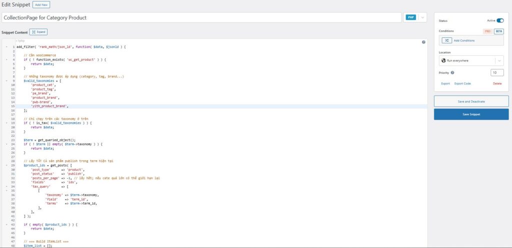 SEO Center cấu hình code khai báo schema nâng cao cho danh mục sản phẩm khi SEO danh mục
