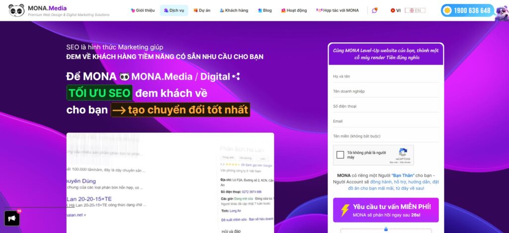 15+ công ty SEO uy tín, chuyên nghiệp nhất Việt Nam 2026 25 Mona Media (thành lập năm 2010, tiền thân là nhóm freelancer) là Agency uy tín tại Việt Nam, chuyên về thiết kế website cao cấp, lập trình phần mềm (IT Outsourcing), và các giải pháp Digital Marketing tổng thể