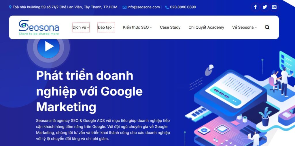 15+ công ty SEO uy tín, chuyên nghiệp nhất Việt Nam 2026 28 SEOSONA (Công ty TNHH SEOSONA) là một Google Marketing Agency uy tín tại Việt Nam, thành lập từ năm 2021, chuyên cung cấp các giải pháp SEO tổng thể, Google Ads và đào tạo SEO