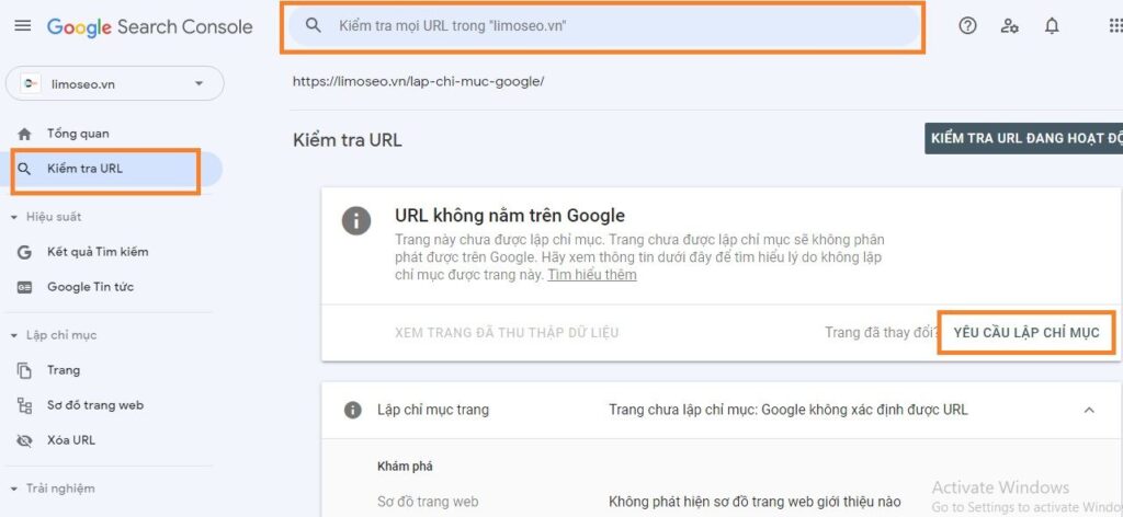 Sử dụng công cụ URL Inspection để yêu cầu lập chỉ mục