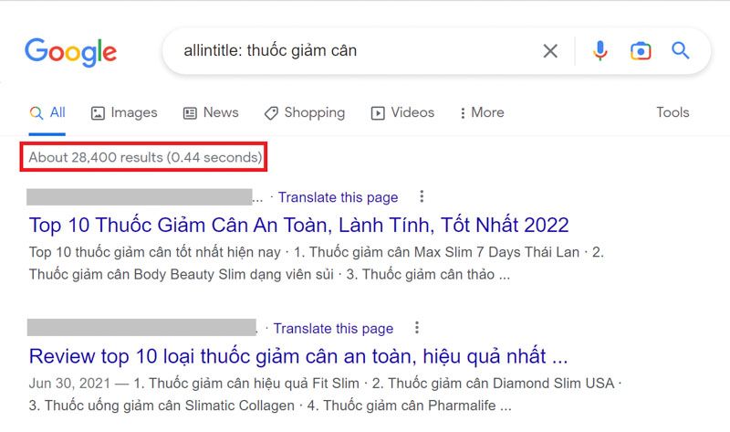 Dùng từ khóa “allintitle:” để tìm kiếm