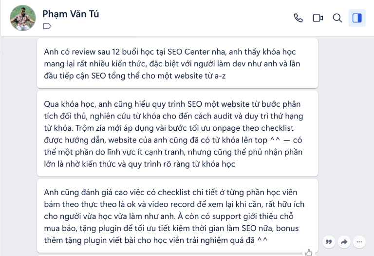 Feedback khóa học SEO của anh Phạm Anh Tú