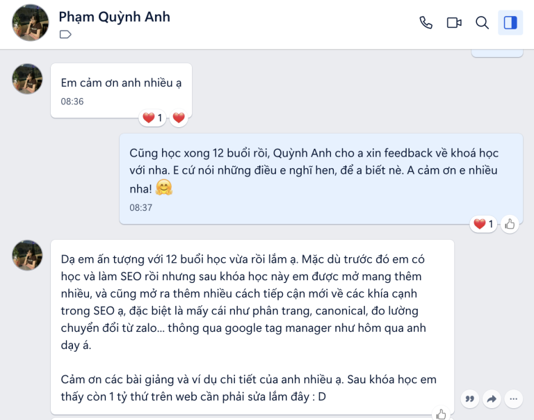 Feedback khóa học SEO của chị Quỳnh Anh