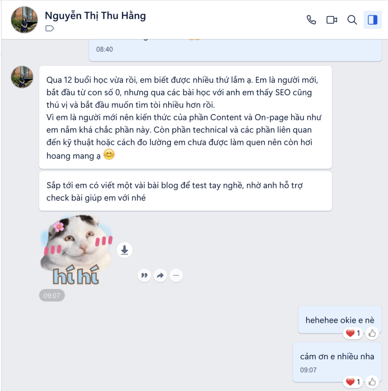 Feedback khóa học SEO của chị Thu Hằng