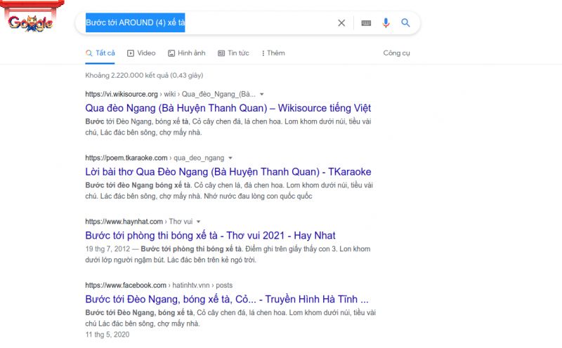 Tìm kiếm hai từ khóa có khoảng cách chữ cụ thể với lệnh AROUND