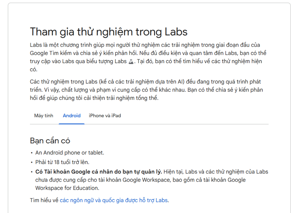Điều kiện tham gia Search Labs Google