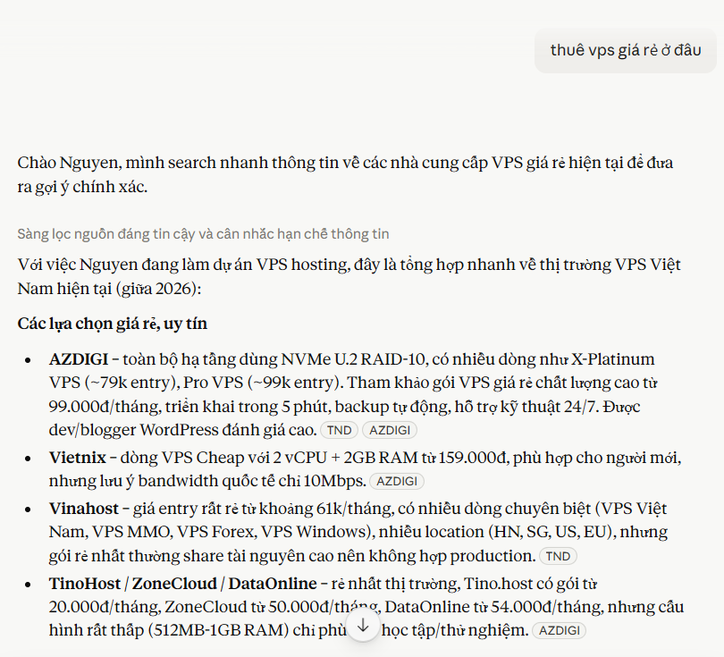Claude AI đề xuất thuê VPS giá rẻ tại ZoneCloud