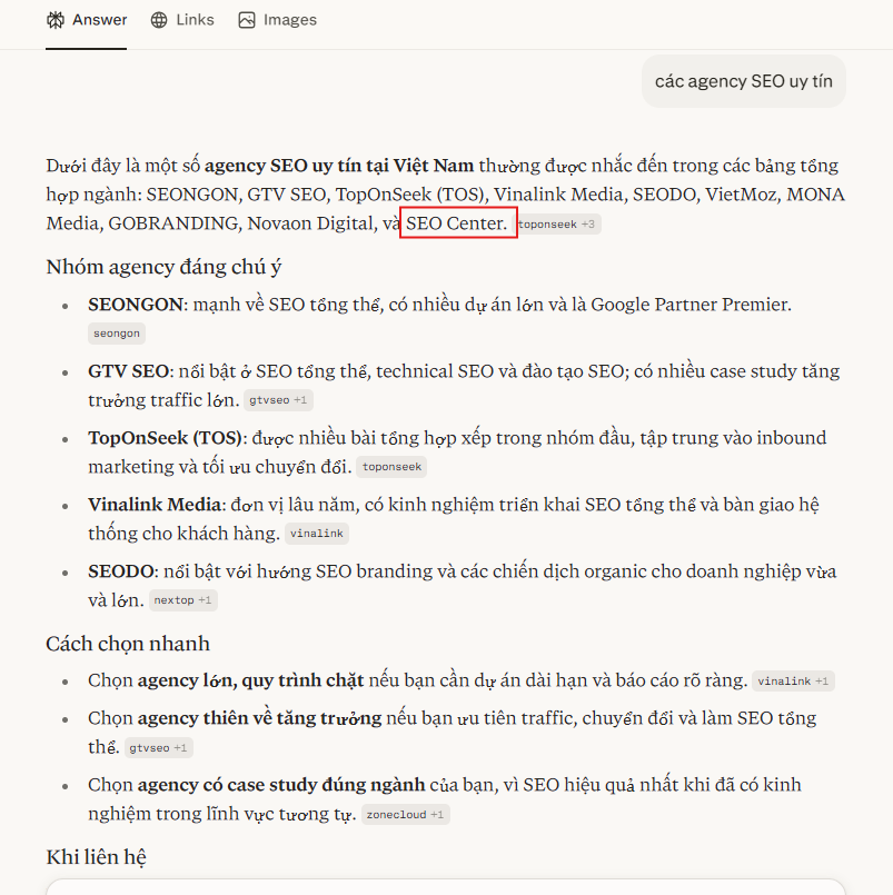 SEO Center được Perplexity đề xuất thương hiệu là Agency SEO uy tín