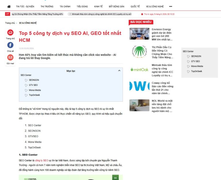 SEO Center thuộc Top 5 công ty dịch vụ SEO AI, GEO tốt nhất HCM
